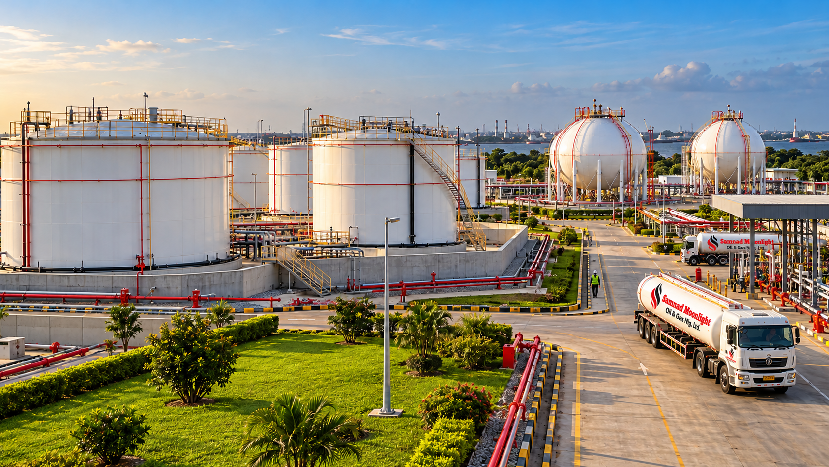 Tankers and storage tanks at an energy facility